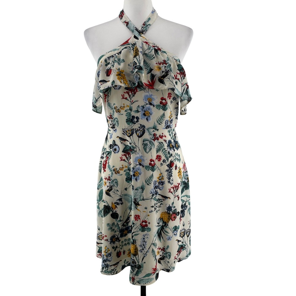 Banana Republic Floral‎ Halter Dress Womens 4 Ivory Ruffle Bird Print